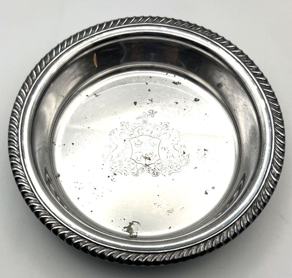 Vtg Webster Wilcox Silverplate Bowl 6" Heraldic Crest Rope Border 1960s-1970s